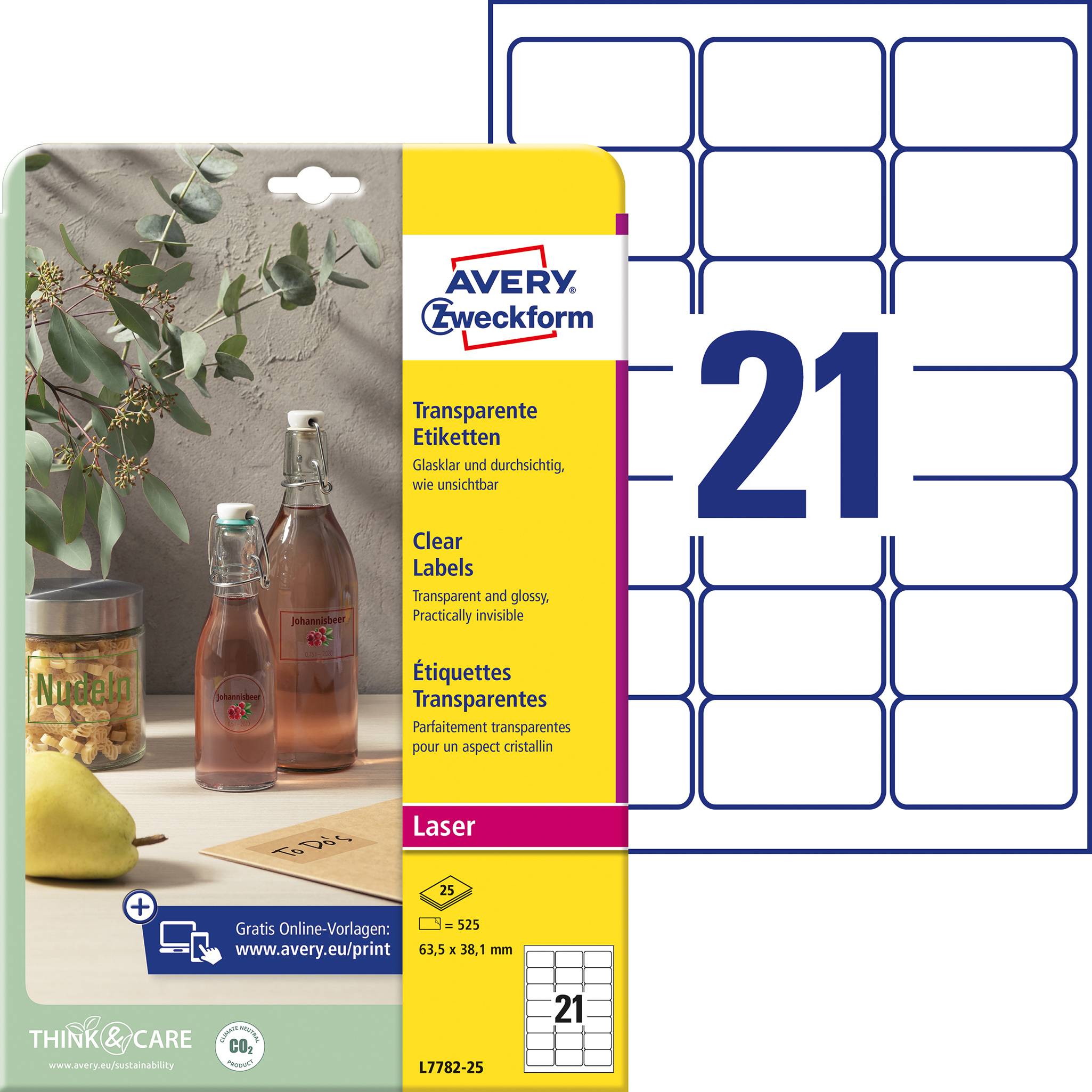 Paket Avery Zweckform-a s prozirnim naljepnicama, pored dvije bočice začina i limuna. Broj '21' naljepnica po listu.