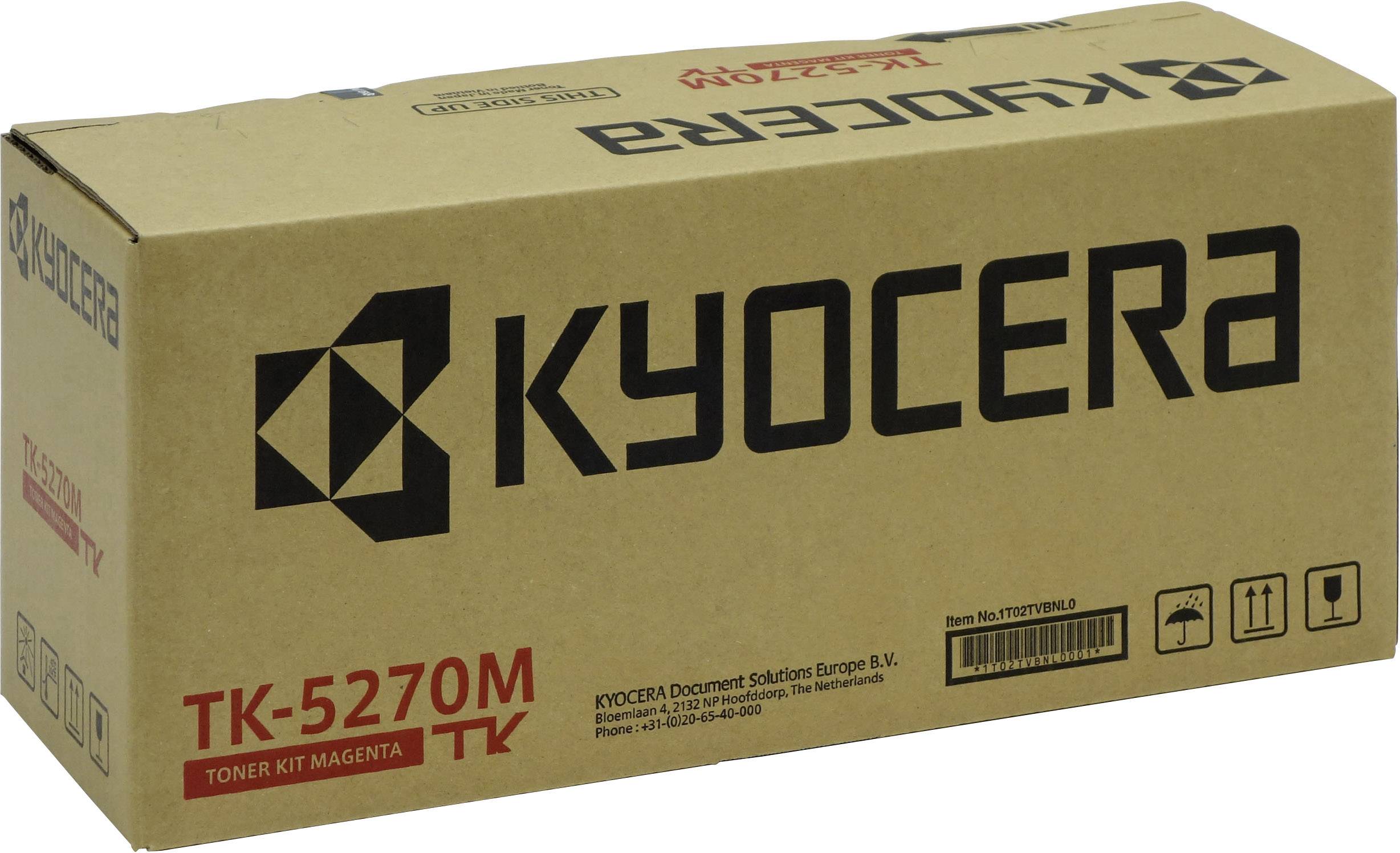 Smeđa ambalaža s natpisom 'KYOCERA' i 'TK-5270M Toner Kit Magenta', pogodan za pisače.