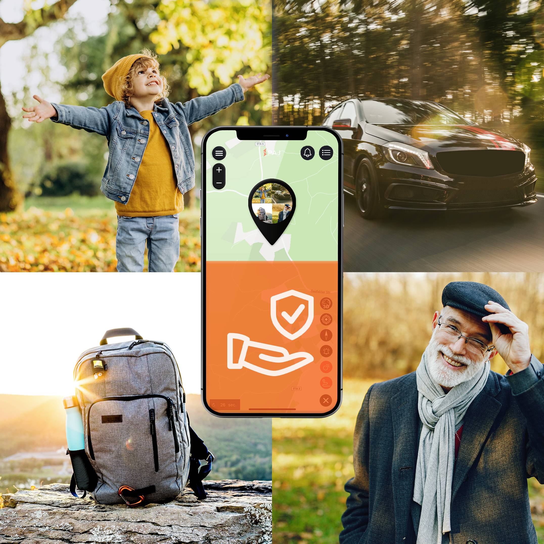Dijete se igra u jesenskom lišću, auto vozi brzo, muškarac se smiješi zalazećem suncu, a ruksak stoji na kamenu. U sredini smartphone prikazuje navigacijsku aplikaciju.