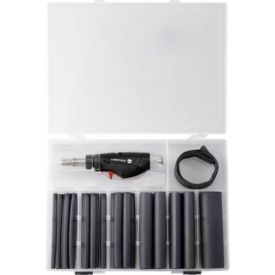 Set alata s električnim alatom u kovčegu, okružen nekoliko crnih termo-skupljajućih cijevi i namotan trak.