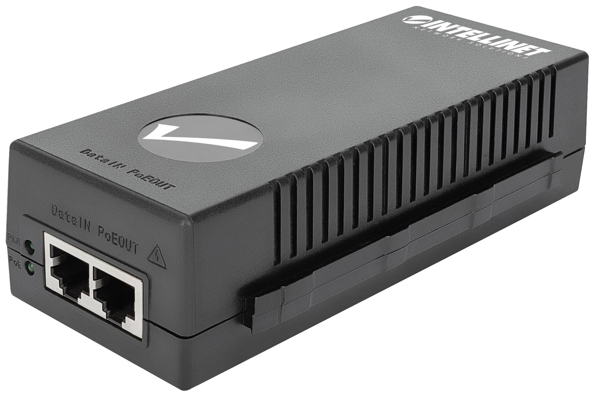 Crni Power over Ethernet (PoE) injektor marke INTELLINET s dva Ethernet priključka i LED indikatorima.