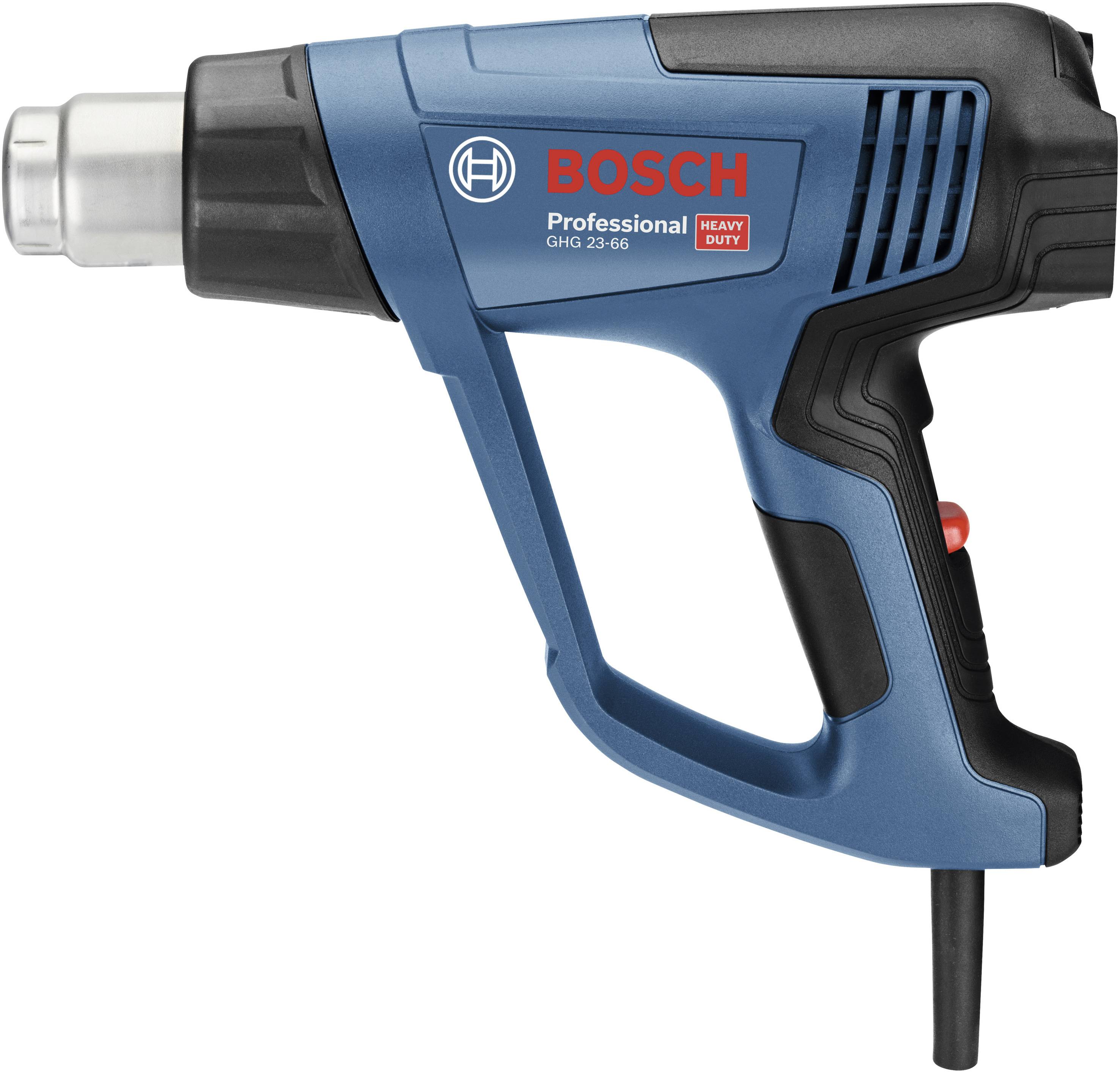 Plava Bosch-toplozračna pištola 'Professional GHG 23-66' s crvenim naglašavanjem i mrežnim kabelom, prikazana s bočne strane.