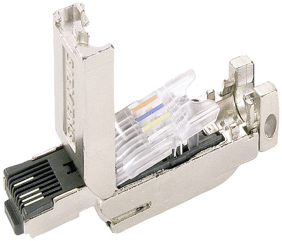 Metalni RJ45 mrežni utikač, otvoren, prikazuje obojene krajeve kablova i priključna mjesta unutar uređaja.