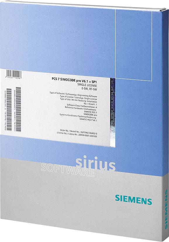 Paket softverske licence Siemens, 'PCS 7 SIMOCODE pro V6.1 + SP1 Single License'. Sadrži detalje o softveru i hardveru.