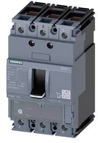 Sivo-crni Siemens prekidač snage, trofazni, s natpisima i ručicom za upravljanje u sredini, pogodan za industrijske primjene.