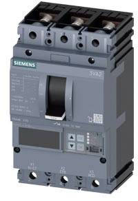 Tropolni prekidač snage Siemens, model 3VA2, u sivom kućištu, pogodan za industrijske primjene.