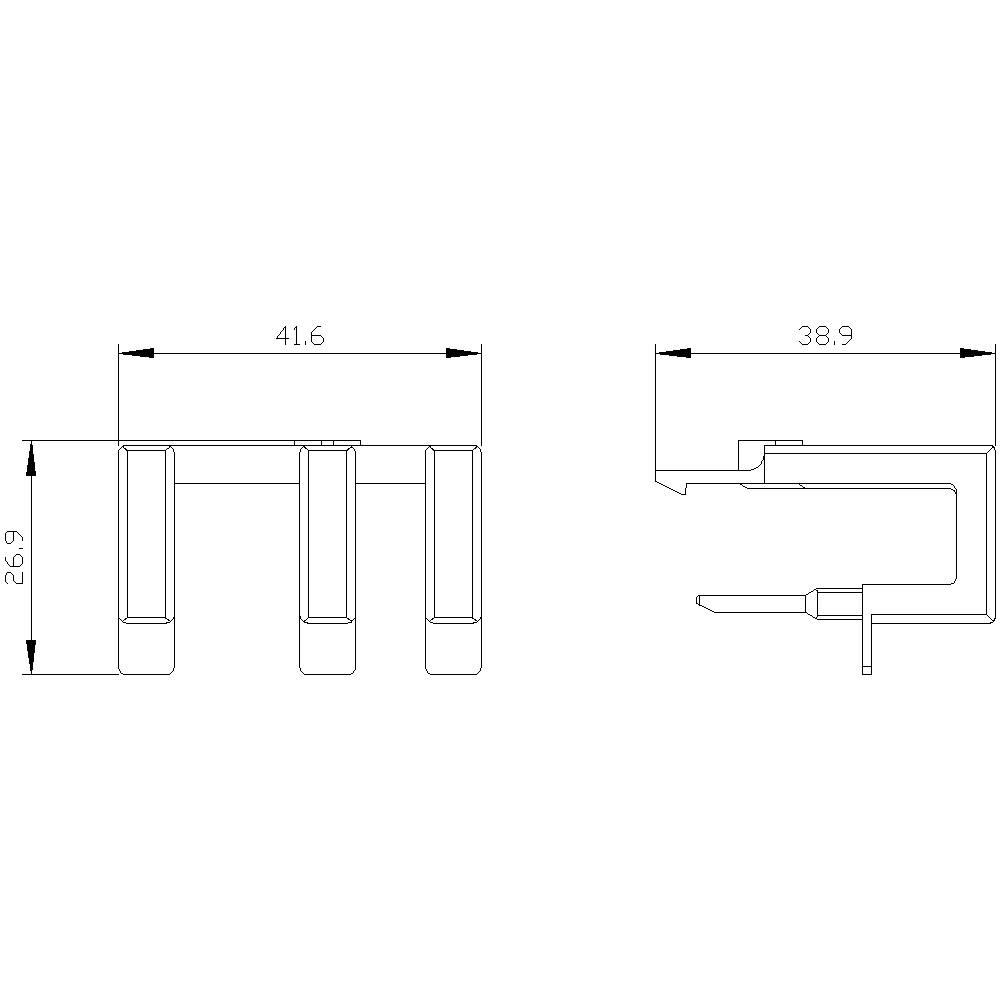 Tehnički nacrt trostrukog priključka, dimenzije 41,6 mm širine, 26,9 mm visine, bočna duljina 38,9 mm.