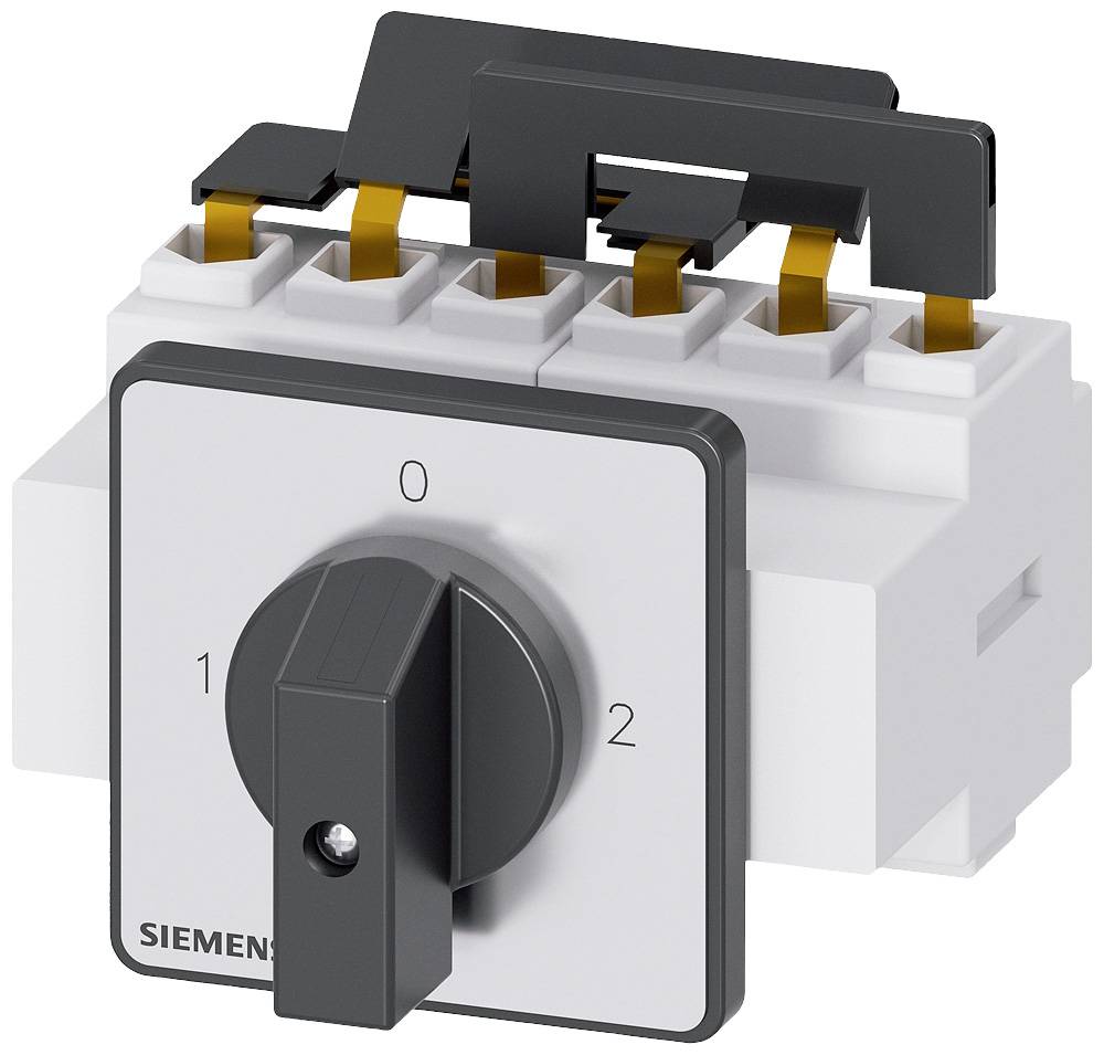 Trokutasti prekidač s tri pozicije (0, 1, 2) na bijelom kućištu, smeđi bakreni kontakti gore, Siemens logotip na prednjoj strani.