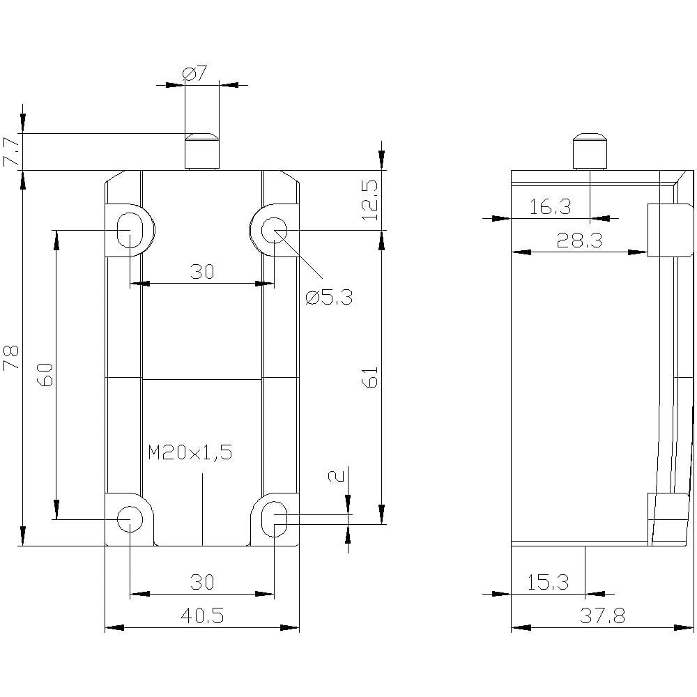 Tehnički nacrt pravokutnog dijela s mjerama: 78x60 mm, promjer rupe Ø5,3 mm, navoj M20x1,5, bočni pogled pokazuje visinu 37,8 mm.