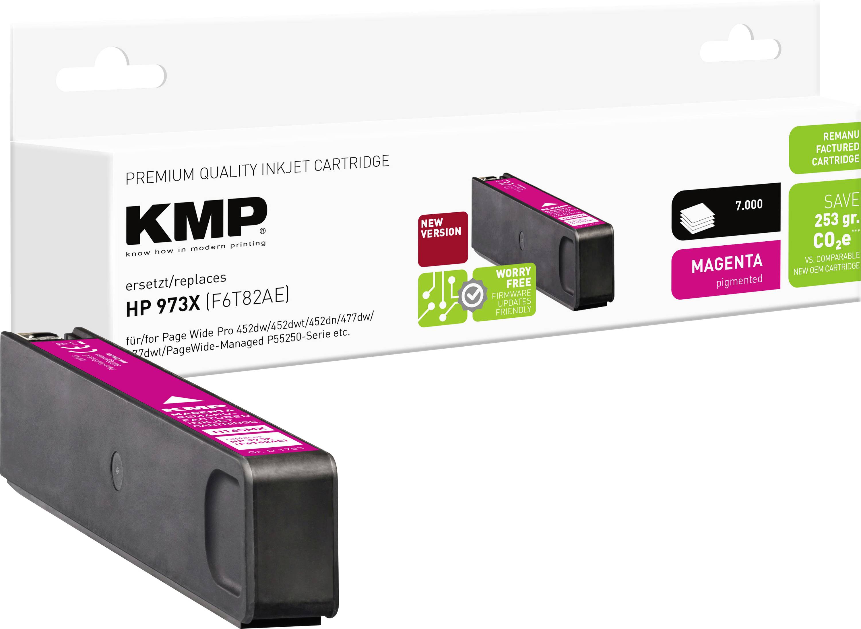 KMP premijumska kvaliteta inkjet patrona za HP 973X magenta, prikazujući patronu, 'nova verzija' i 'bez problema' znakove, i 7.000 stranica prinosa.