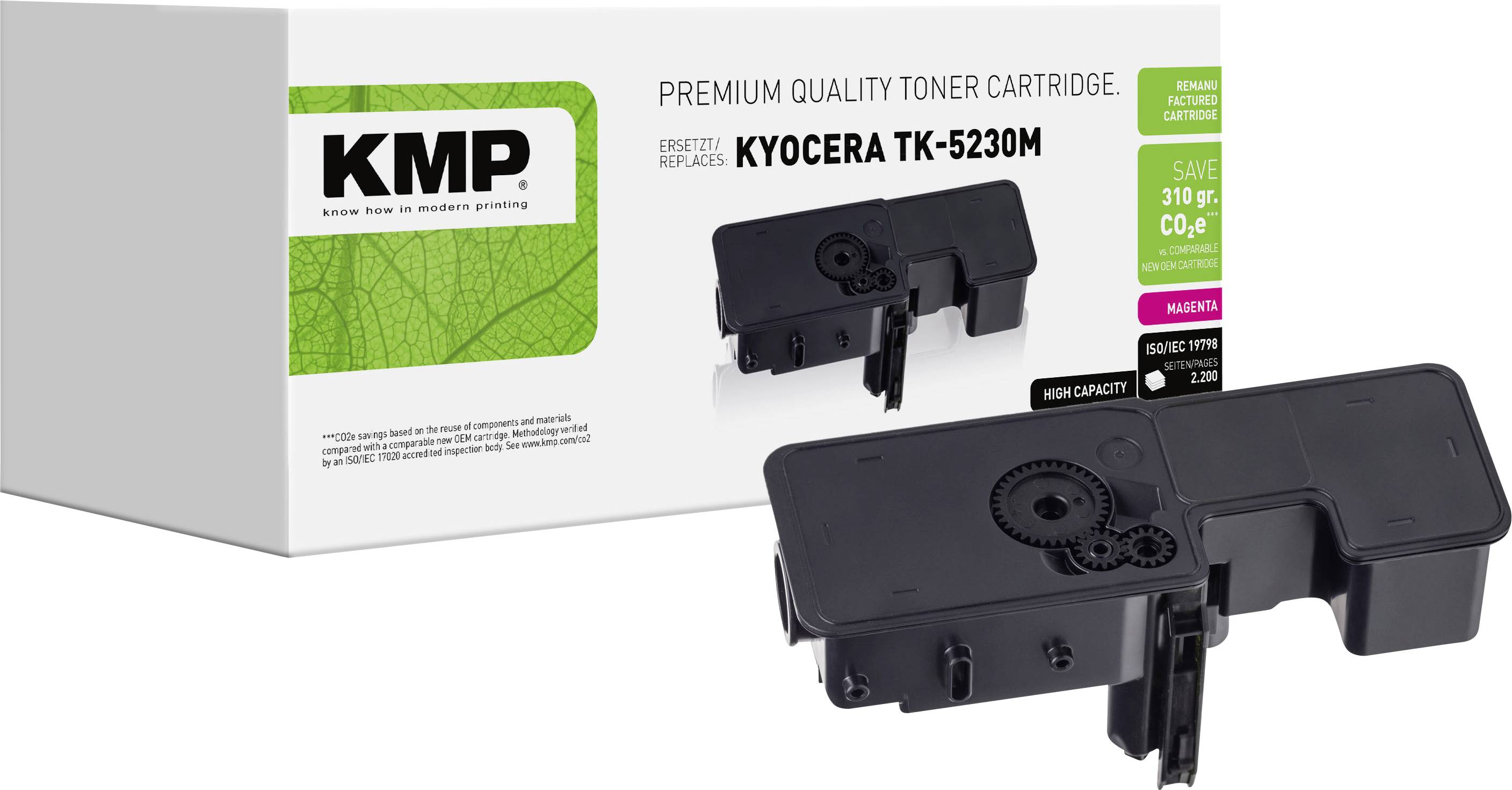 KMP cartridge tonera premium kvalitete za Kyocera TK-5230M, prikazan s kutijom proizvoda i crnom cartridgom.