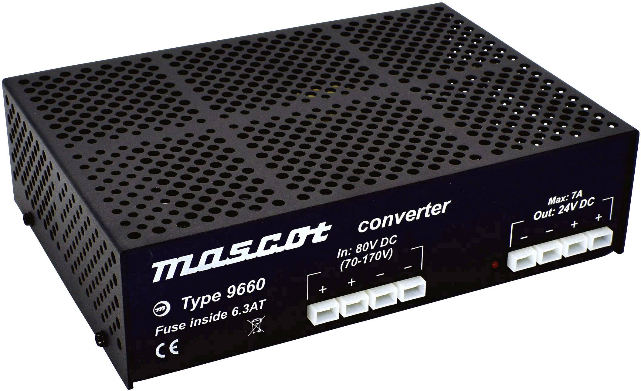 Crni električni uređaj s natpisom 'mascot converter Type 9660'. Ulaz: 80V DC, Izlaz: 24V DC, Maks: 7A.
