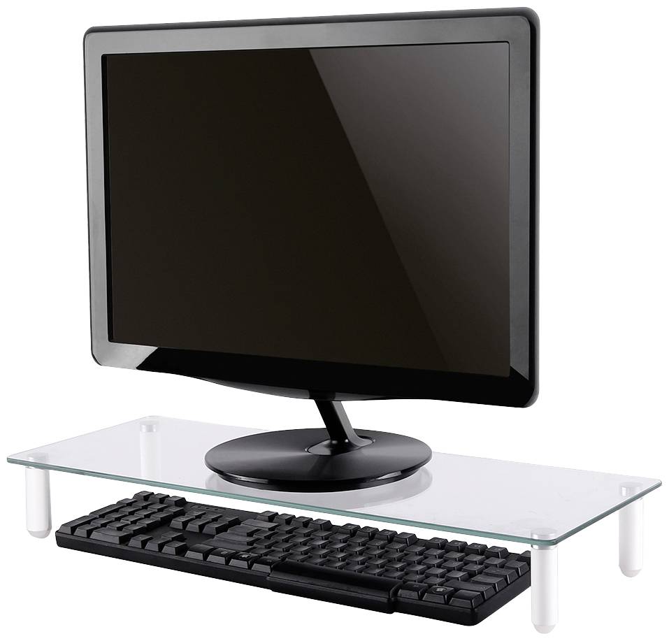 Računalni monitor stoji na staklenom stalku za monitor, ispod kojeg se nalazi tipkovnica.