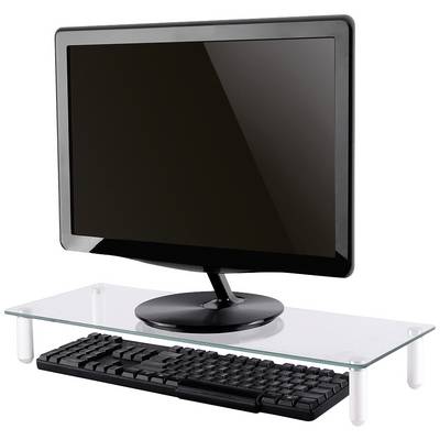 Računalni monitor stoji na staklenom stalku za monitor, ispod kojeg se nalazi tipkovnica.
