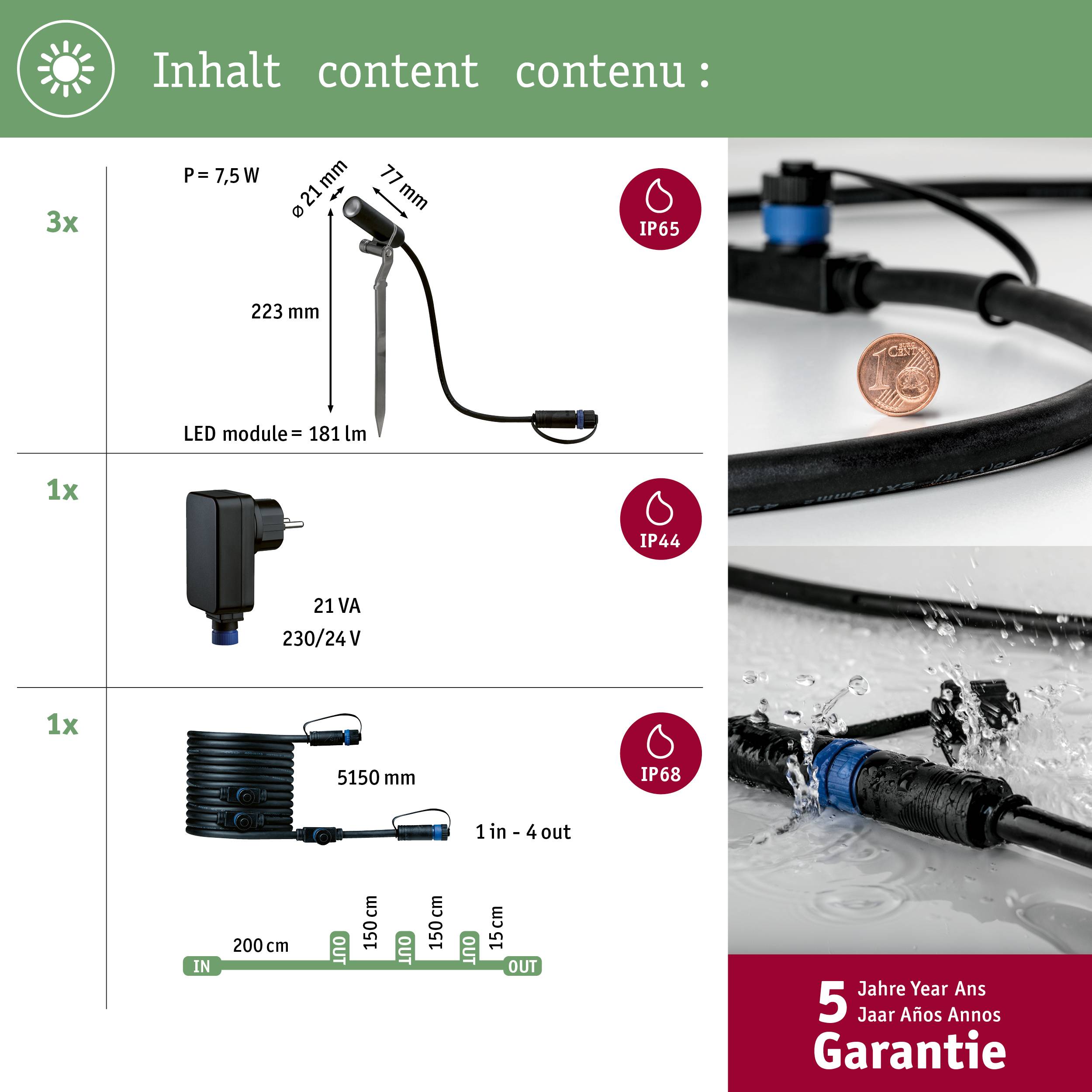 'Produktni zaslon s LED modulom, kabelom i adapterom. Podaci o razredima zaštite (IP65, IP44, IP68) i jamstvo od 5 godina.'