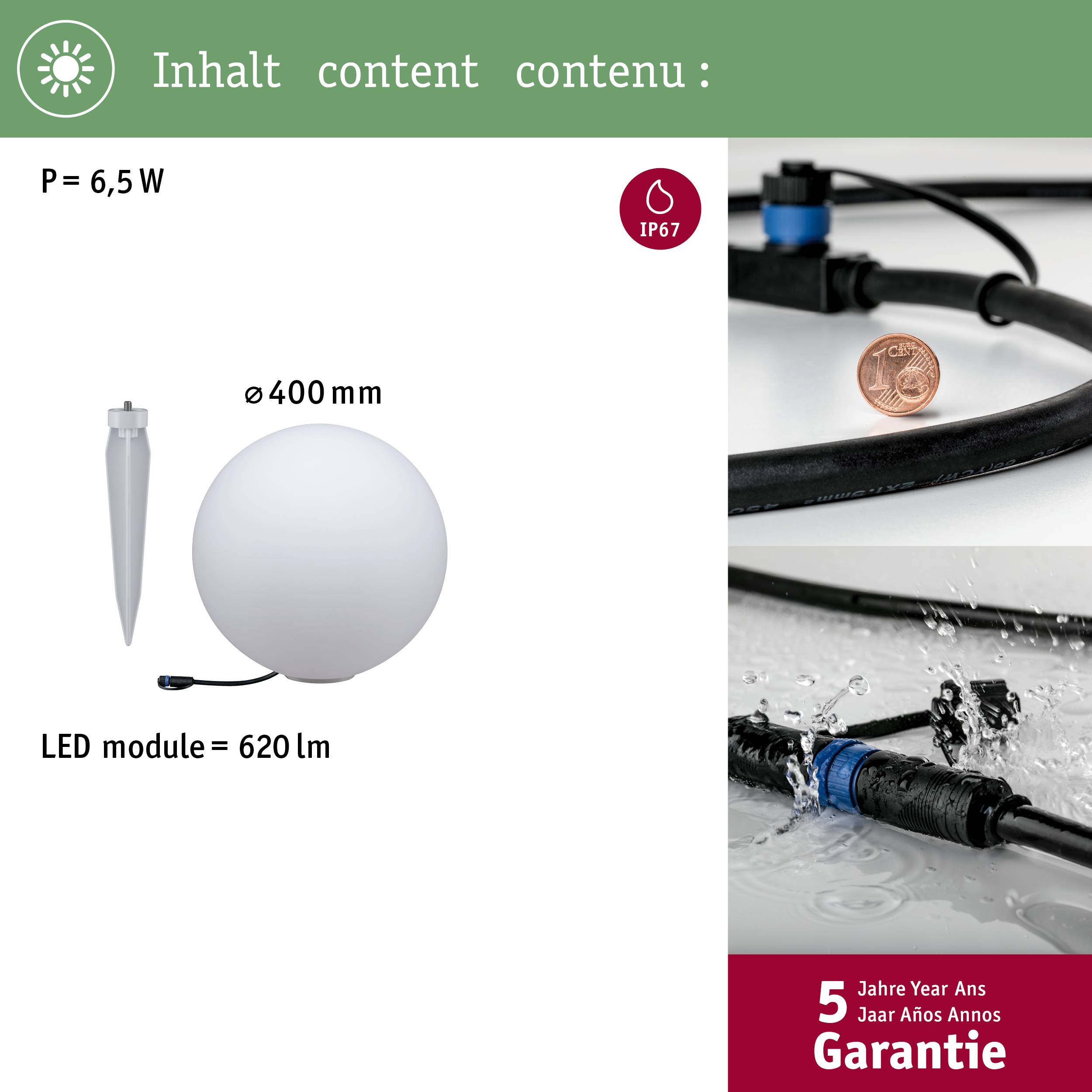 Bijela LED-svjetiljka promjera 400 mm i snage 6,5 W, uključujući šiljak za učvršćivanje u tlo. Certificirana IP67 standardom, 620 lumena. 5 godina jamstva.