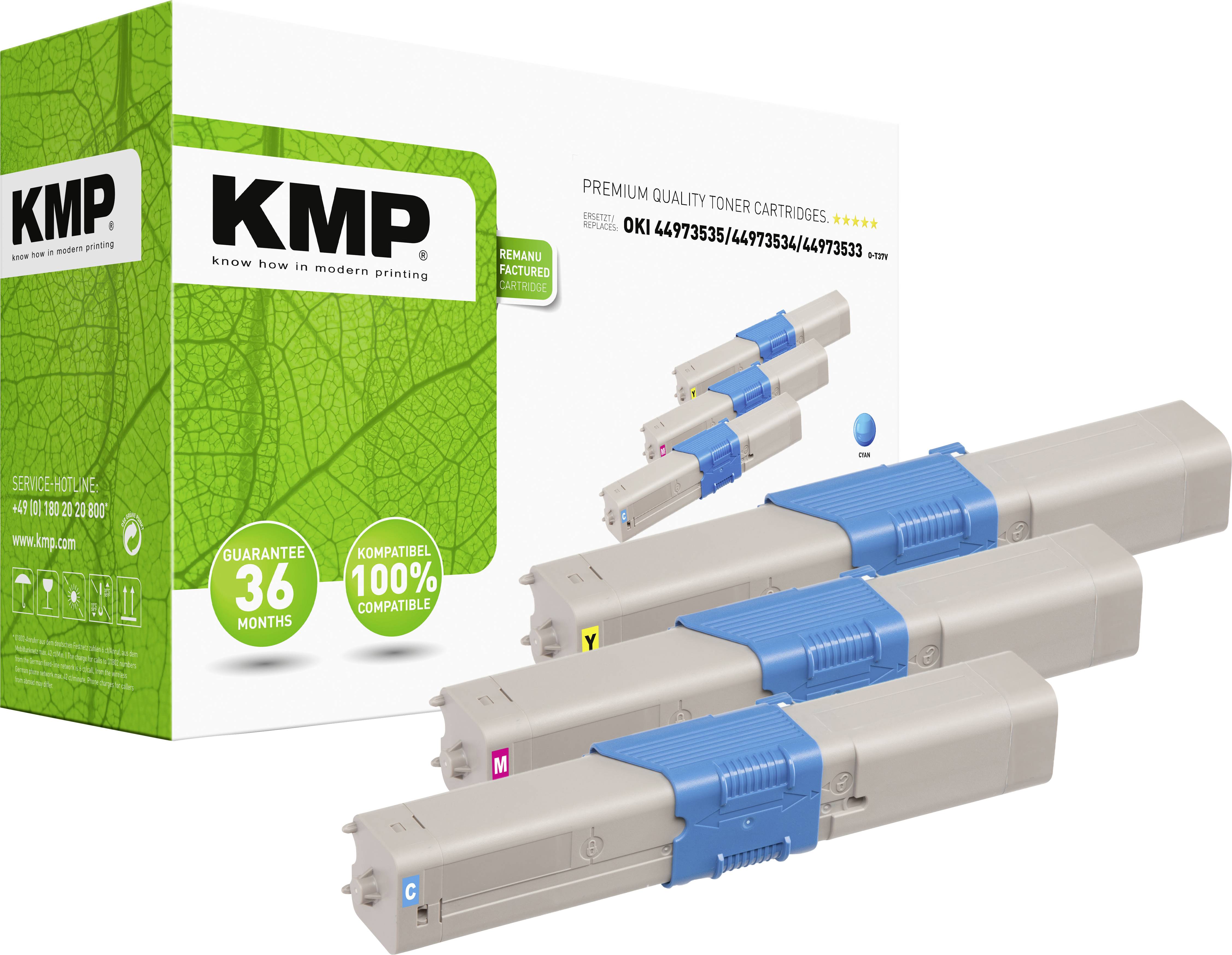Tri kompatibilne tonerske kazete ispred ambalaže s KMP logotipom. Na kutiji piše: 'Tonerske kazete premium kvalitete'.