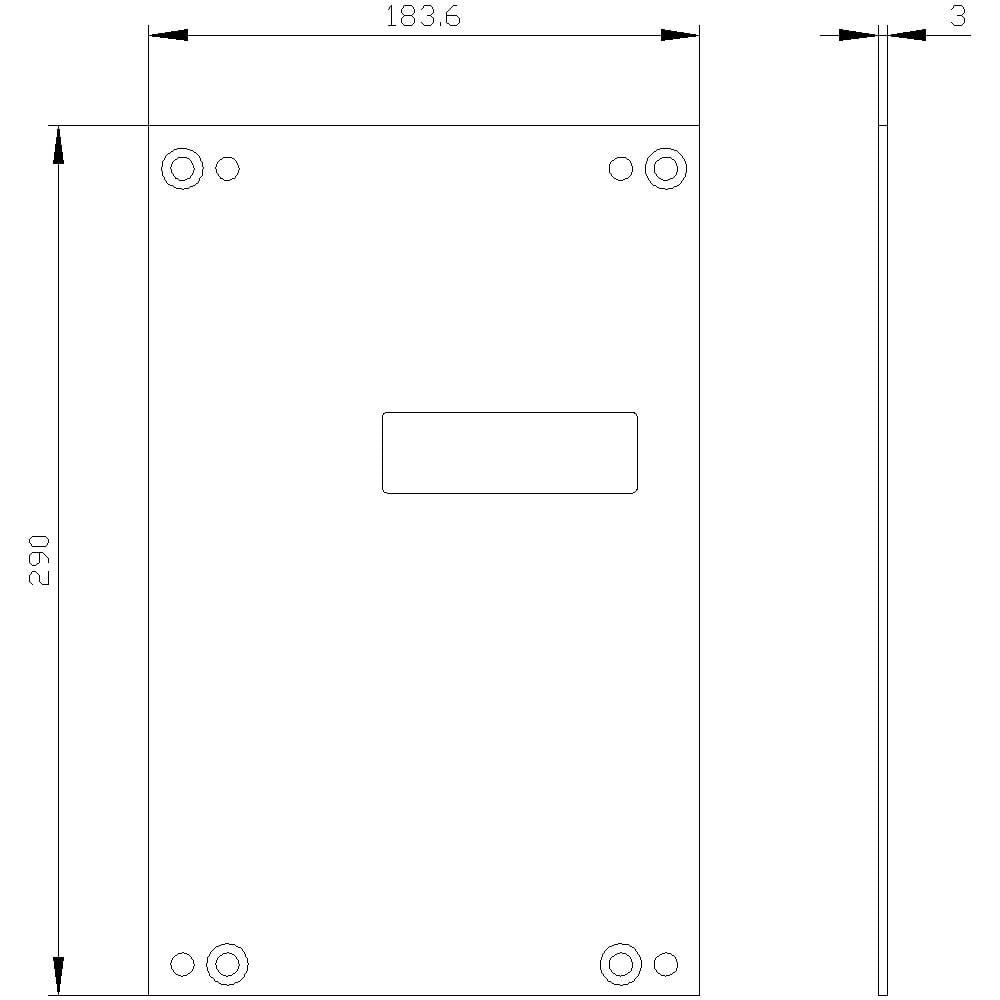 Tehnički nacrt pravokutnog dijela s dimenzijama 183,6 mm širine, 290 mm visine i 3 mm dubine.