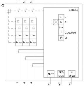 Dijagram električnog strujnog kruga s komponentama: tri prekidača snage, ETU856 modul, različiti simboli i priključci.