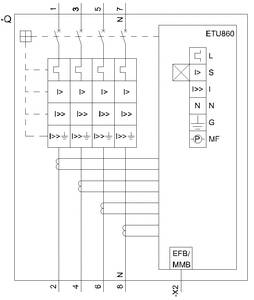 Shematski prikaz: Električna zaštitna naprava sa 4 vodiča i sklopkama. Označena oznakom 'ETU860', prikazuje zaštitne funkcije i priključke.