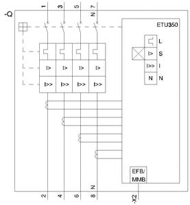 Električni plan ETU350 modula s četiri zaštitne sklopke i oznakom stezaljki (1-7) te oznakama za 'L', 'S', 'I' i 'N'.
