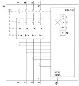 Električni plan sklopova zaštitnog uređaja s oznakama 'Q', 'ETU550', 'EFB/MMB' te simbolima za prekidače i osigurače.