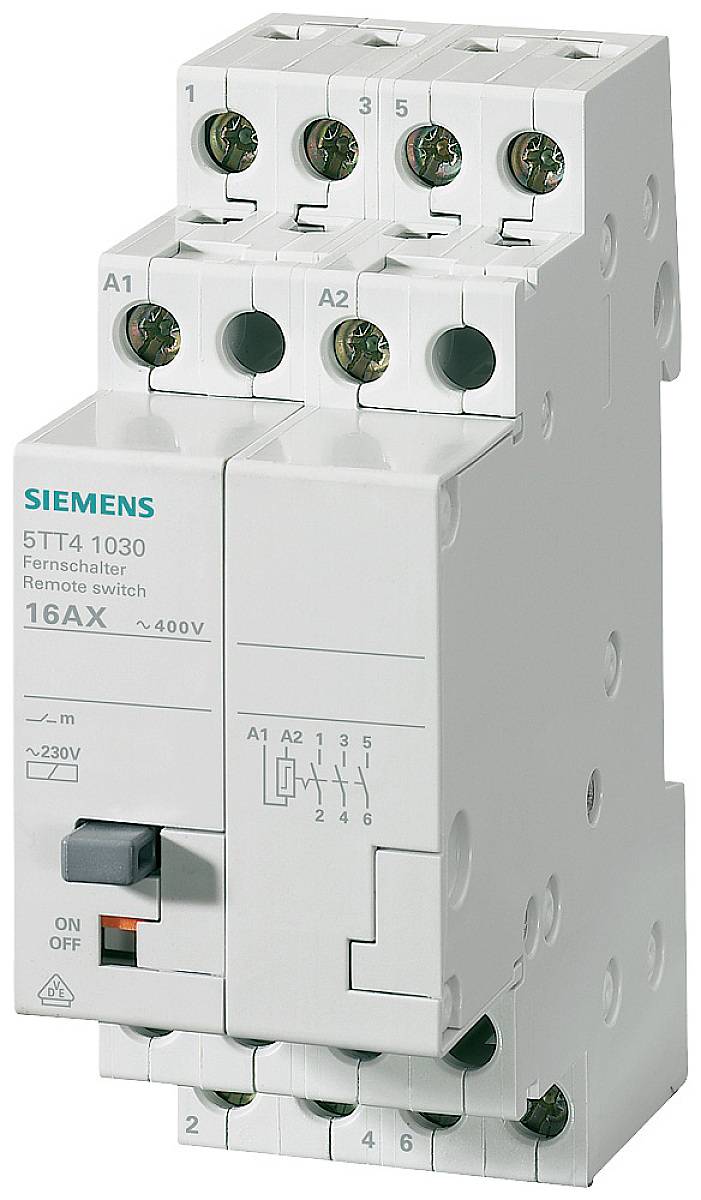 Siemens-daljinski prekidač 5TT4 1030 sa specifikacijama: 16AX, 230V, 400V. Prikazuje detalje proizvoda i tehničke karakteristike prekidača.