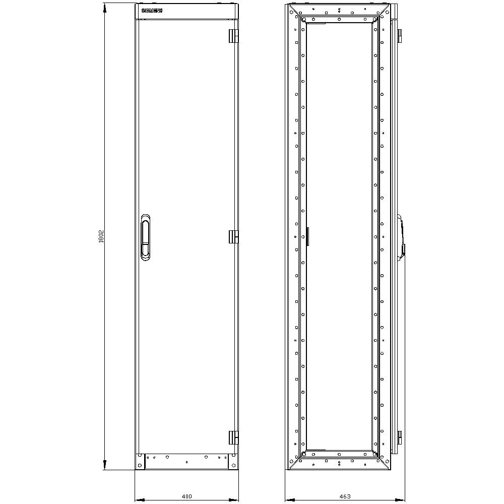 Tehnički nacrt pravokutnih vrata s ručkom, šarkama i dimenzijama: visina 1820 mm, širina 460 mm.