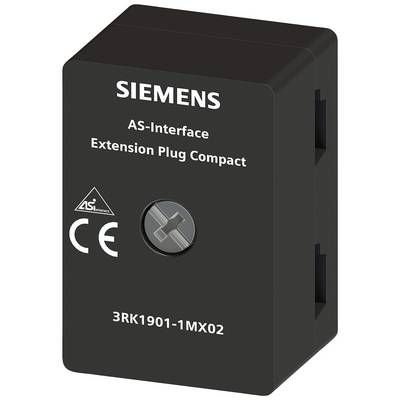 Crni prošireni utikač tvrtke Siemens za AS-Interface, kompaktan, s CE oznakom i oznakom tipa '3RK1901-1MX02'.