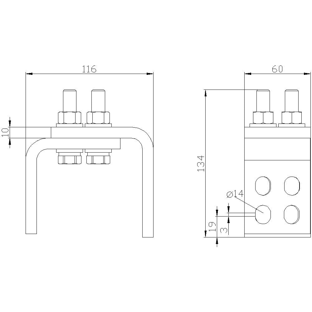 Tehnički nacrt metalne stezaljke s dva vijka i nekoliko izbušenih rupa. Dimenzije: 116x60 mm, visina 134 mm.
