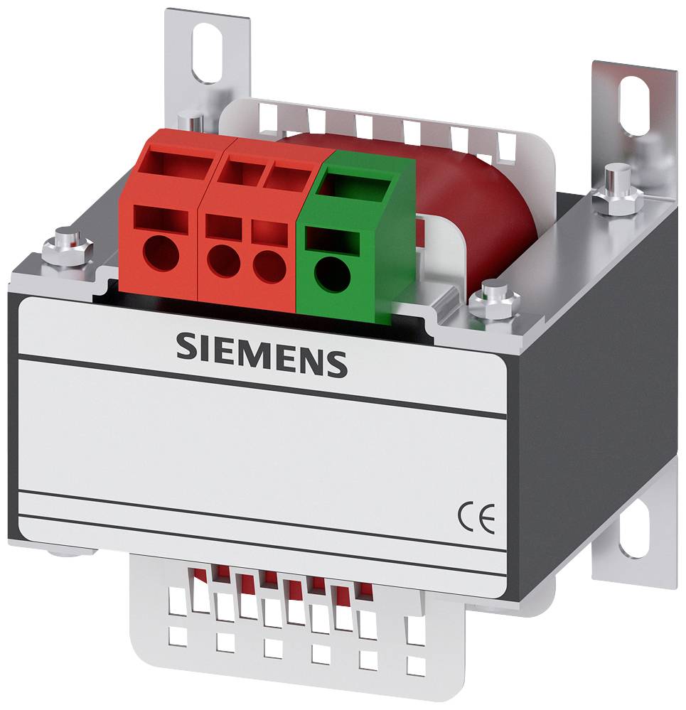 Električni transformator marke Siemens s zaštitnim sklopovima. Kućište je od metala, tri priključka gore, CE oznaka vidljiva.