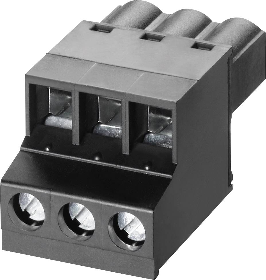 Trostruka crna utična stezaljka s metalnim kontaktima, pogodna za spajanje električnih kabela u elektroničkim uređajima.