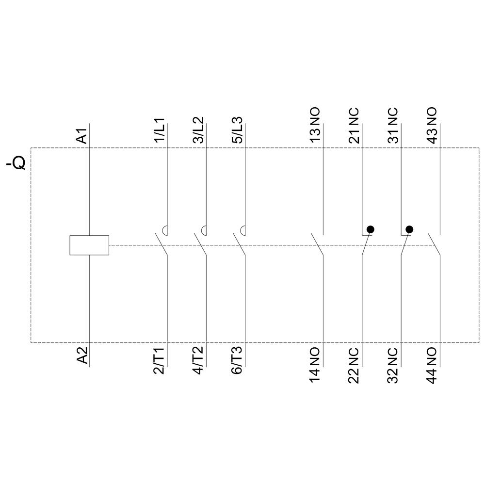 Shema električnog strujnog kruga s priključcima A1, A2, 1L1, 3L2, 5L3, 2T1, 4T2, 6T3 i kontaktima 13 NC, 14 NO, 21 NC, 22 NC, 31 NC, 32 NC, 43 NO, 44 NO.