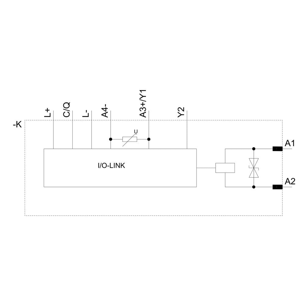 Blok-dijagram I/O-Link sustava s priključcima: '+', 'C/Q', 'L-', 'A4-', 'A3/Y1', 'Y2' i A1/A2. Vodič povezuje A1 i A2.