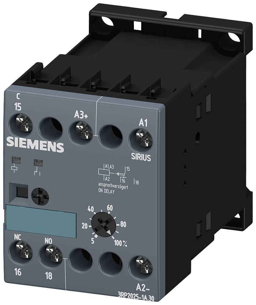 Siemens-kontaktor SIRIUS modela za upravljanje električnim strujnim krugovima. Prikazuje vijčane stezaljke i gumb za podešavanje vremenskog zatezanja.