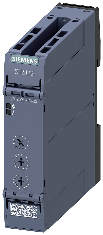Industrijski preklopni uređaj tvrtke Siemens, model 'SIRIUS', u sivom kućištu, s okretnim regulatorima sprijeda i QR kodom dolje.