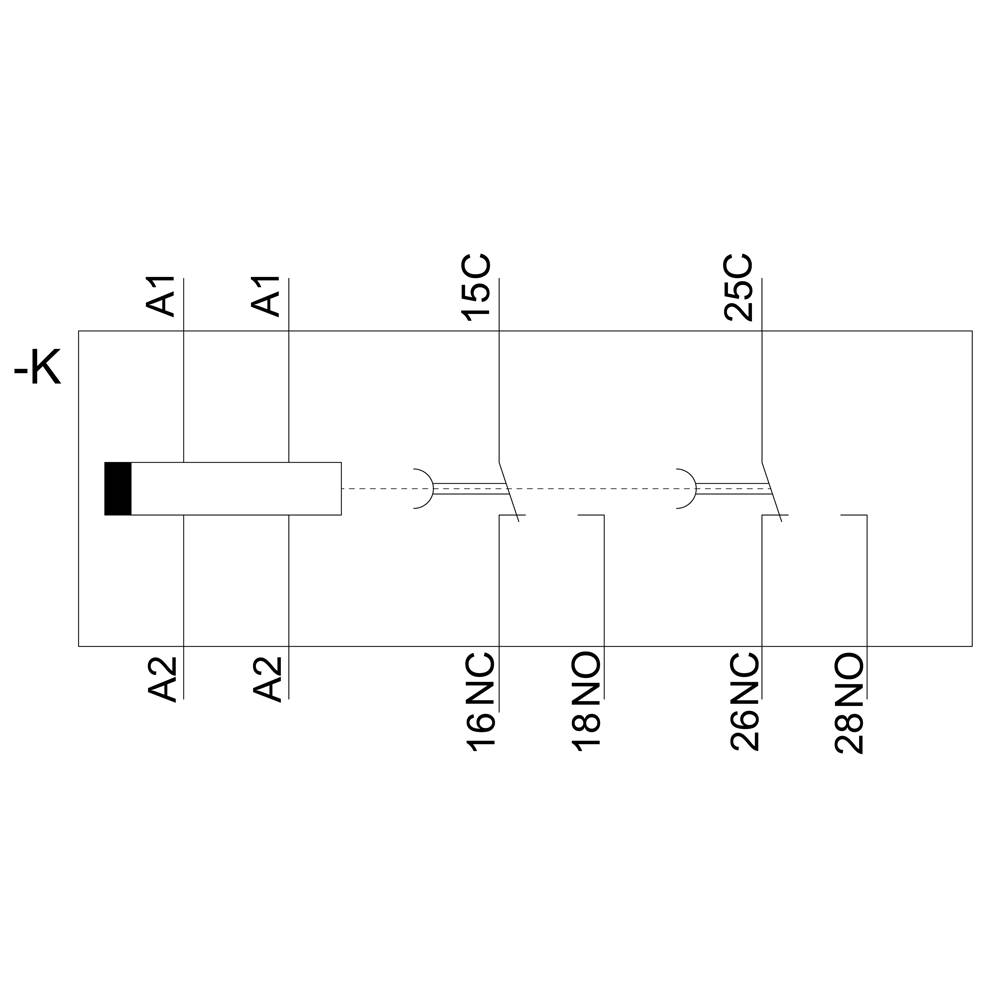 Električki dijagram sheme prikazuje linearni prekidač s kontaktima A1, A2, 15C, 16NC, 18NO, 25C, 26NC, 28NO na horizontalnoj osi.