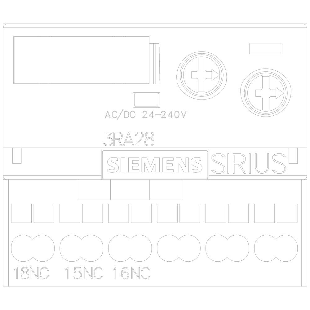 Siemens Sirius kontaktor s modelnom oznakom 3RA28 za AC/DC 24-240V. Prikazuje priključke 18NO, 15NC, 16NC.