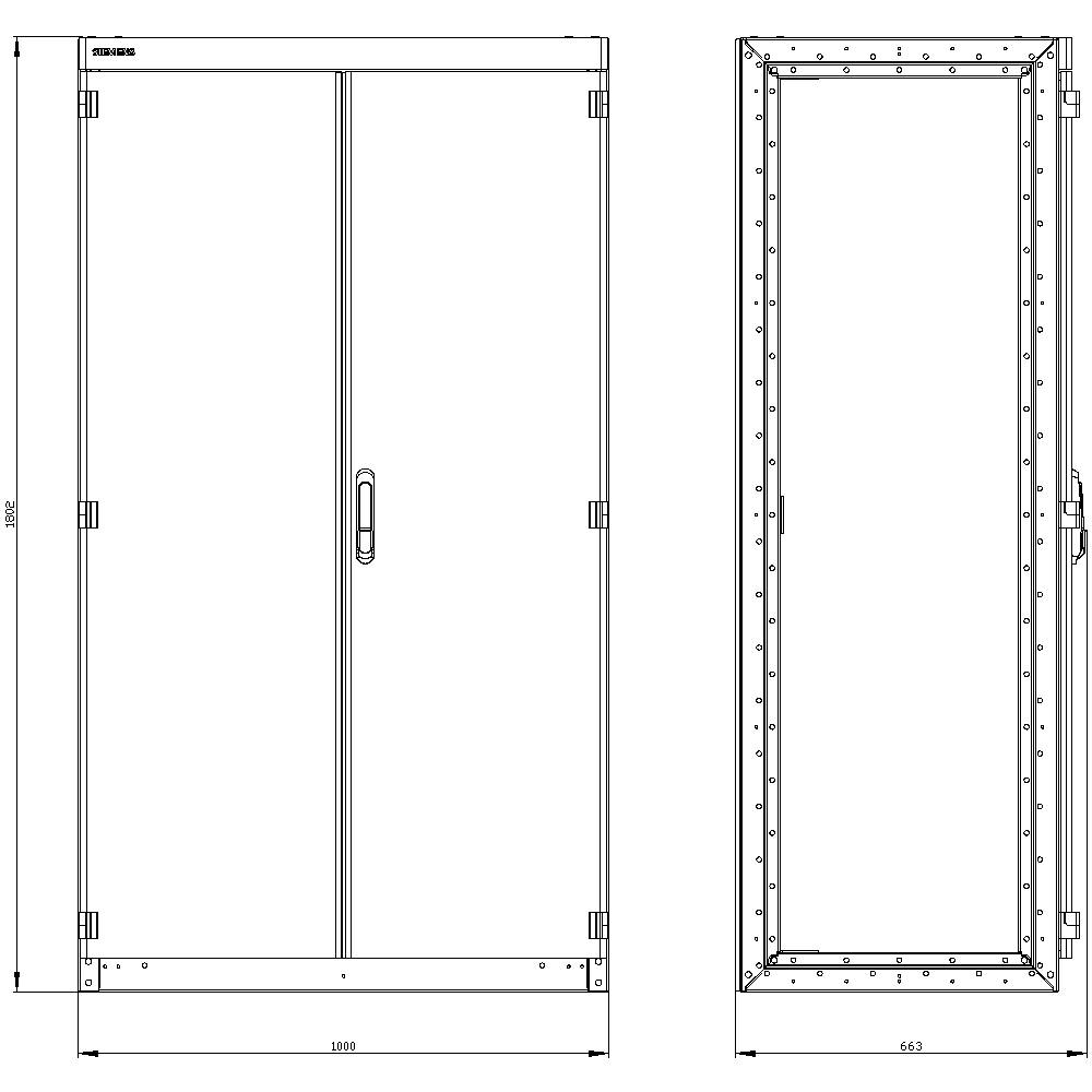 Tehnički nacrt velikog dvokrilnog okvira vrata, pogled sprijeda i sa strane s dimenzijama: 2336 mm visok, 1000 mm i 665 mm širok.