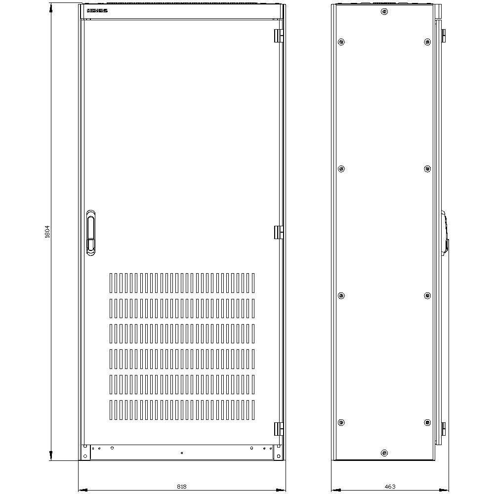 Tehnički nacrt pravokutnog metalnog kućišta s vratima, ventilacijskim otvorima i dimenzijskim oznakama. Dimenzije: visina 1834 mm, širina 618 mm, dubina 463 mm.
