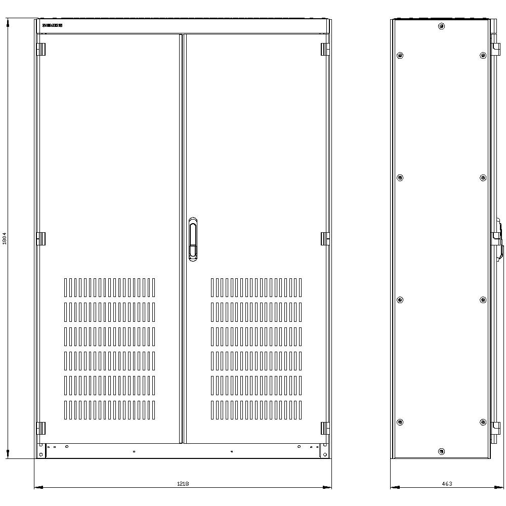 Crtež metalnog ormarića: Prednji pogled prikazuje dvostruka vrata s ventilacijskim otvorima; bočni pogled određuje dubinu. Dimenzije: 1218 mm širina, 463 mm dubina, 2044 mm visina.