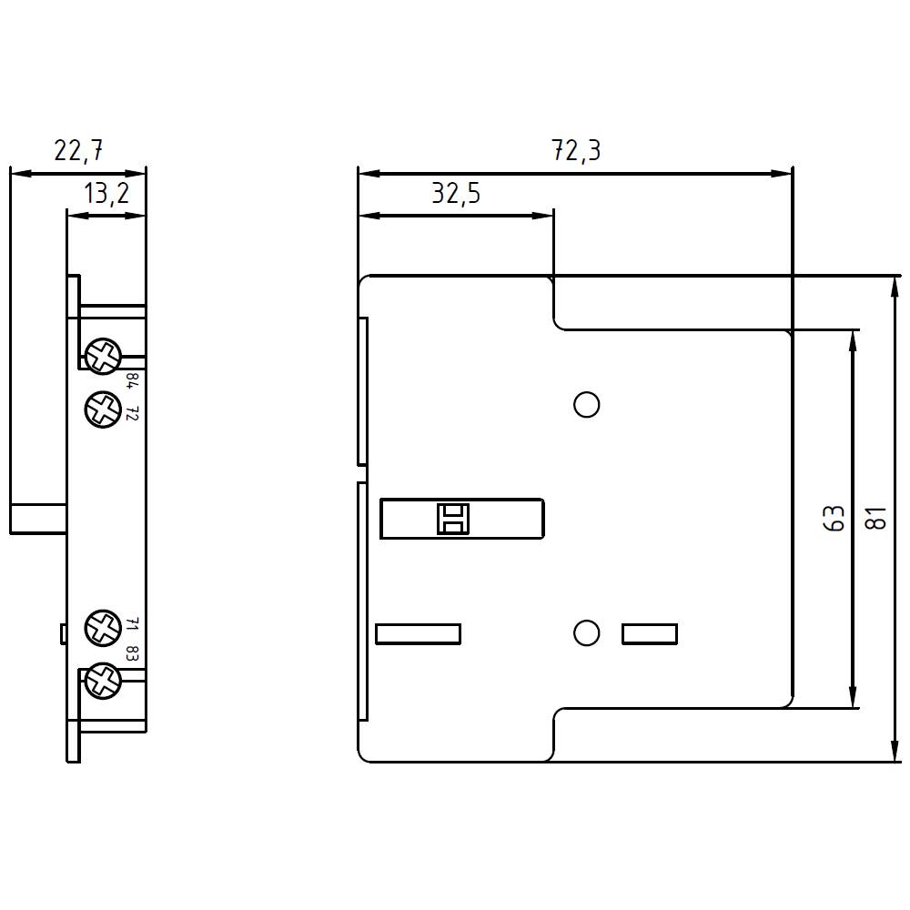Tehnički nacrt pravokutne konzole s preciznim dimenzijama: duljina 81 mm, širina 72,3 mm, visina 22,7 mm. Idealno za planiranje montaže.