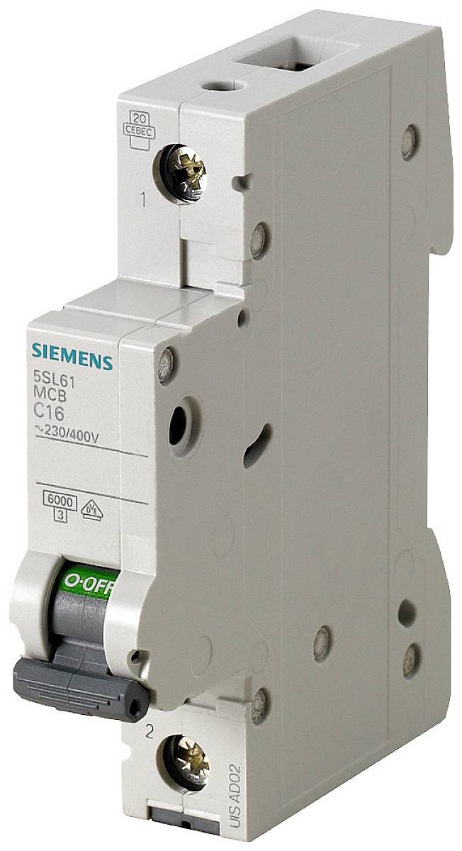 Siemens prekidač nadstrujne zaštite, model 5SL6, 16 ampera. Položaj sklopke 'O' za 'Isključeno' vidljiv. Montažа u ormar s osiguračima.