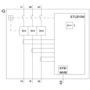 Dijagram električnog strujnog kruga sa zaštitnim prekidačem ETU310M i tri relejna kontaktora, numerirani od 1 do 6.