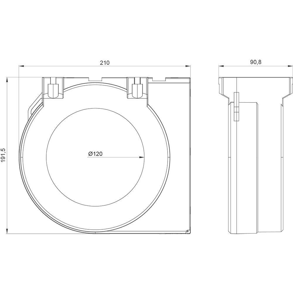 Tehnički nacrt cilindričnog spremnika, dimenzije: 210x90,8 mm. Pogled odozgo i bočni pogled s naznačenim promjerom Ø120 mm.