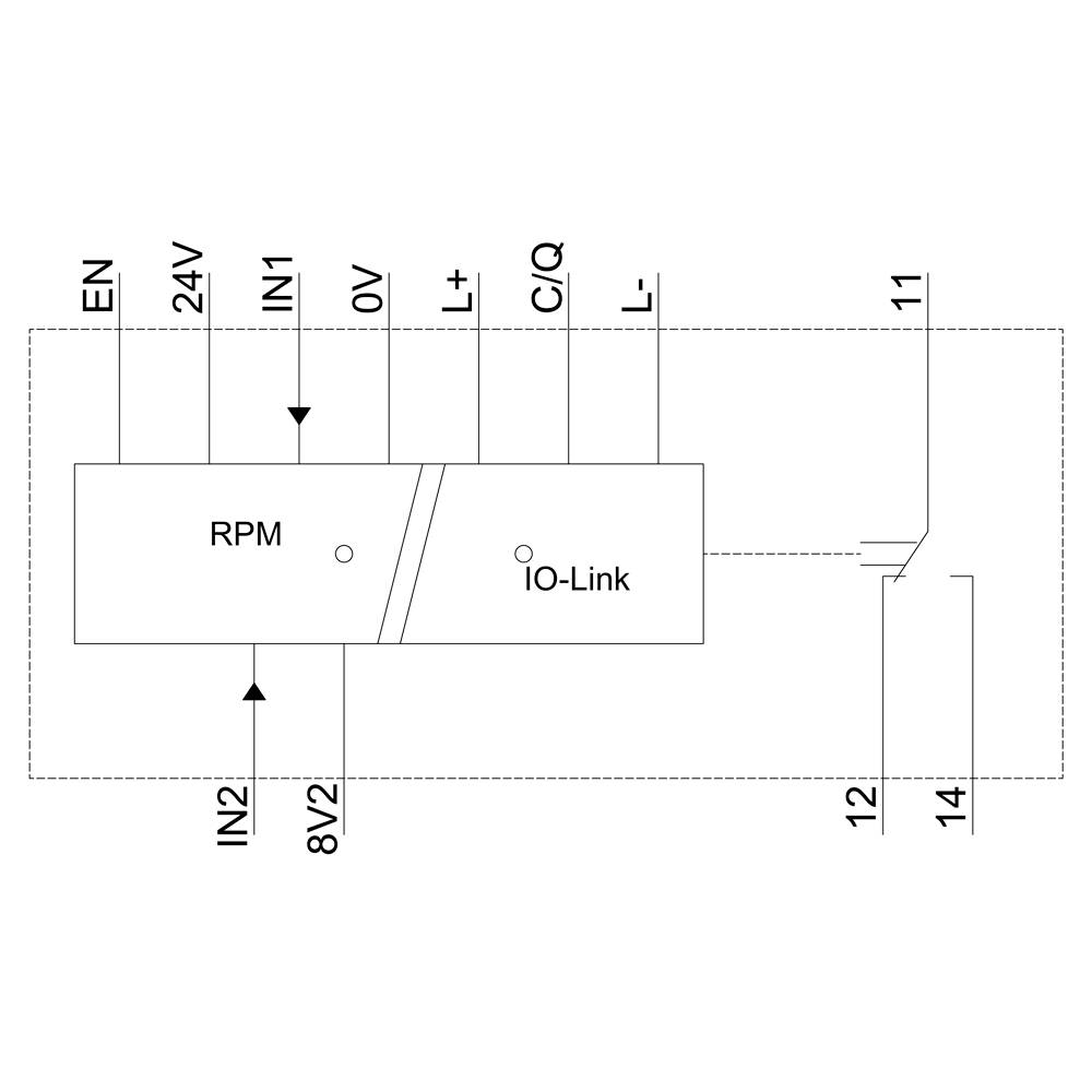Dijagram prikazuje električki povezani uređaj s ulazima EN, IN1, IN2 i izlazima 24V, 0V, L+, L-, C/Q.