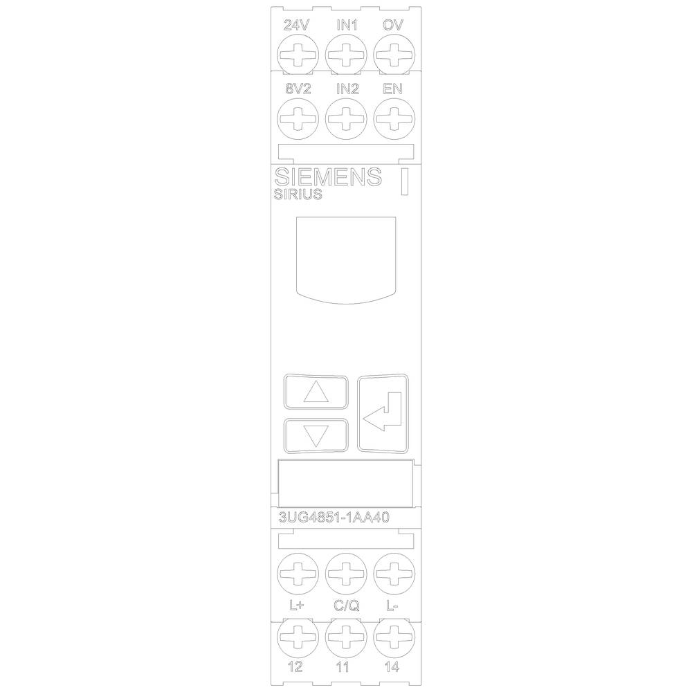 Siemens Sirius 3UG4851-1AA40 relej s priključcima za 24V, IN1, 0V, 8V2, IN2, EN, 11, 12, 14, L-, L+. Tipke za upravljanje.