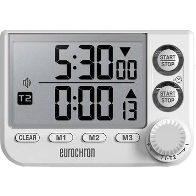 Digitalni štoperica s velikim zaslonom prikazuje '5:30' sati gore, '0:00' dolje. Tipke za Start/Stop, Clear, M1, M2, M3 desno.
