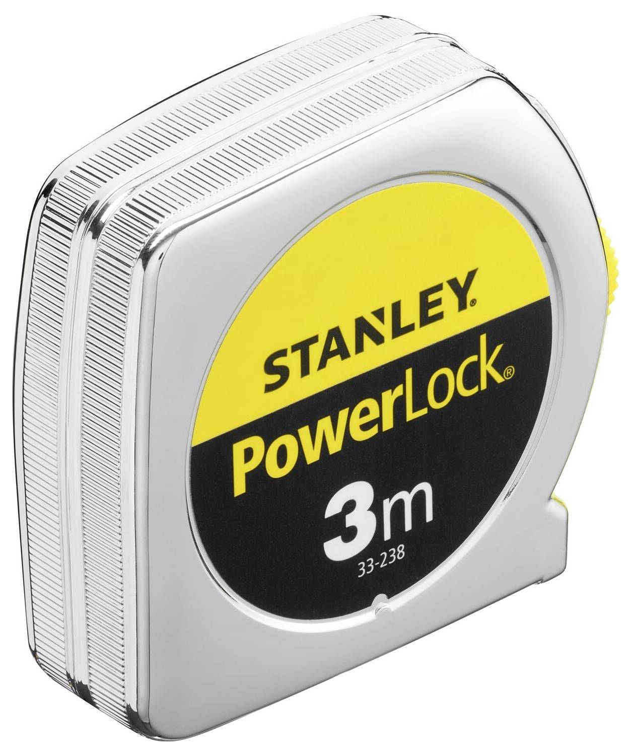 Srebrna mjerna traka sa žutom i crnom etiketom. Natpis 'STANLEY PowerLock 3m'. Idealna za mjerenje udaljenosti do 3 metra.