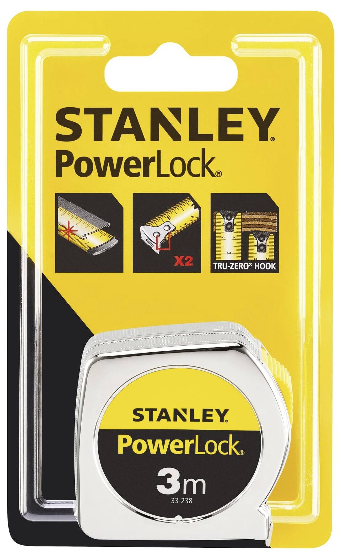 Prikaz 3-metarskog Stanley PowerLock metra u ambalaži. Ambalaža prikazuje detalje i funkcije mjerne trake.